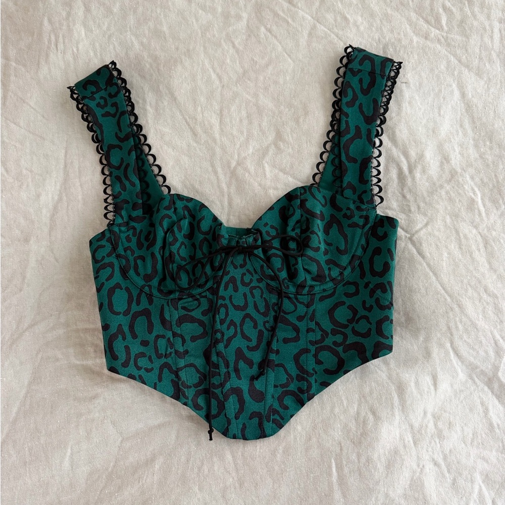 For love and lemons Green Leopard Print Corset Top with Lace Trim